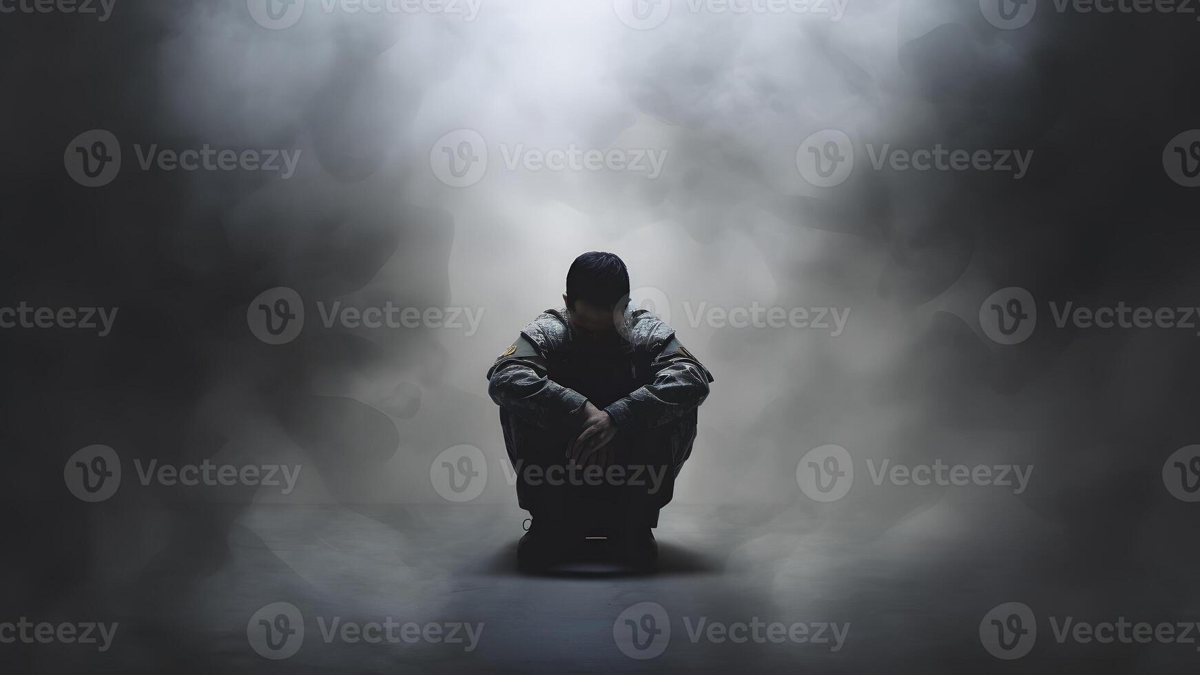AI generated Soldier sitting on the floor surrounded with dence fog or smoke, PTSD concept, neural network generated image photo