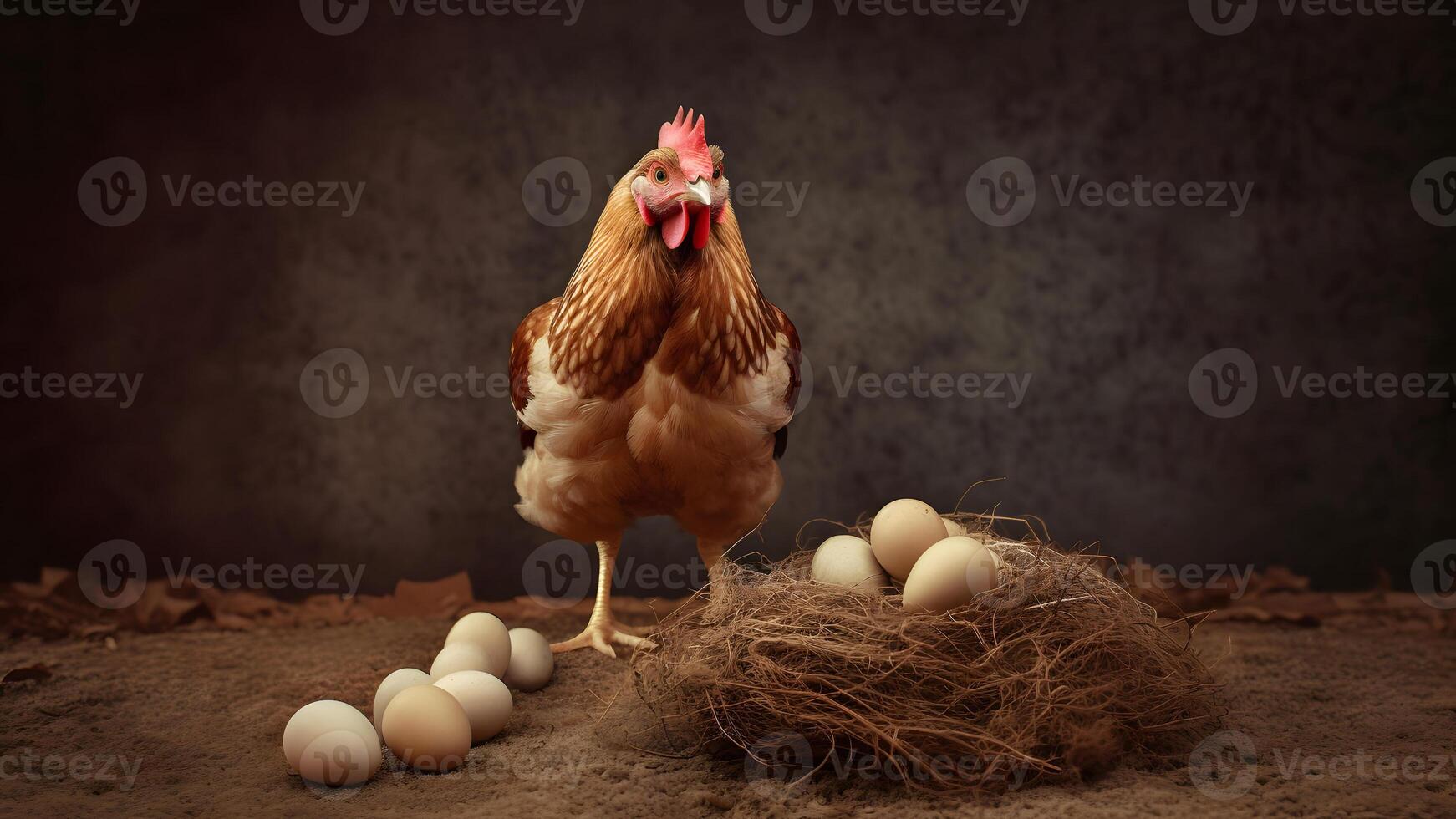 AI generated Heirloom eggs. A brown chicken with eggs standing next to it on dark grey background, neural network generated photorealistic image photo