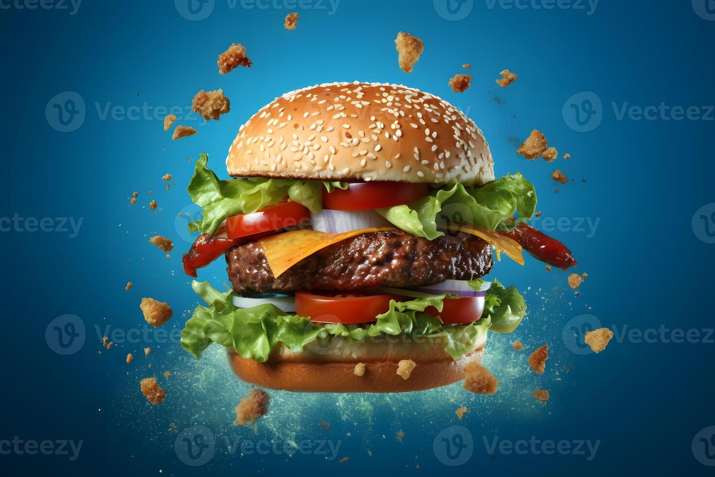 AI generated hamburger flying on blue background, neural network generated photorealistic image photo