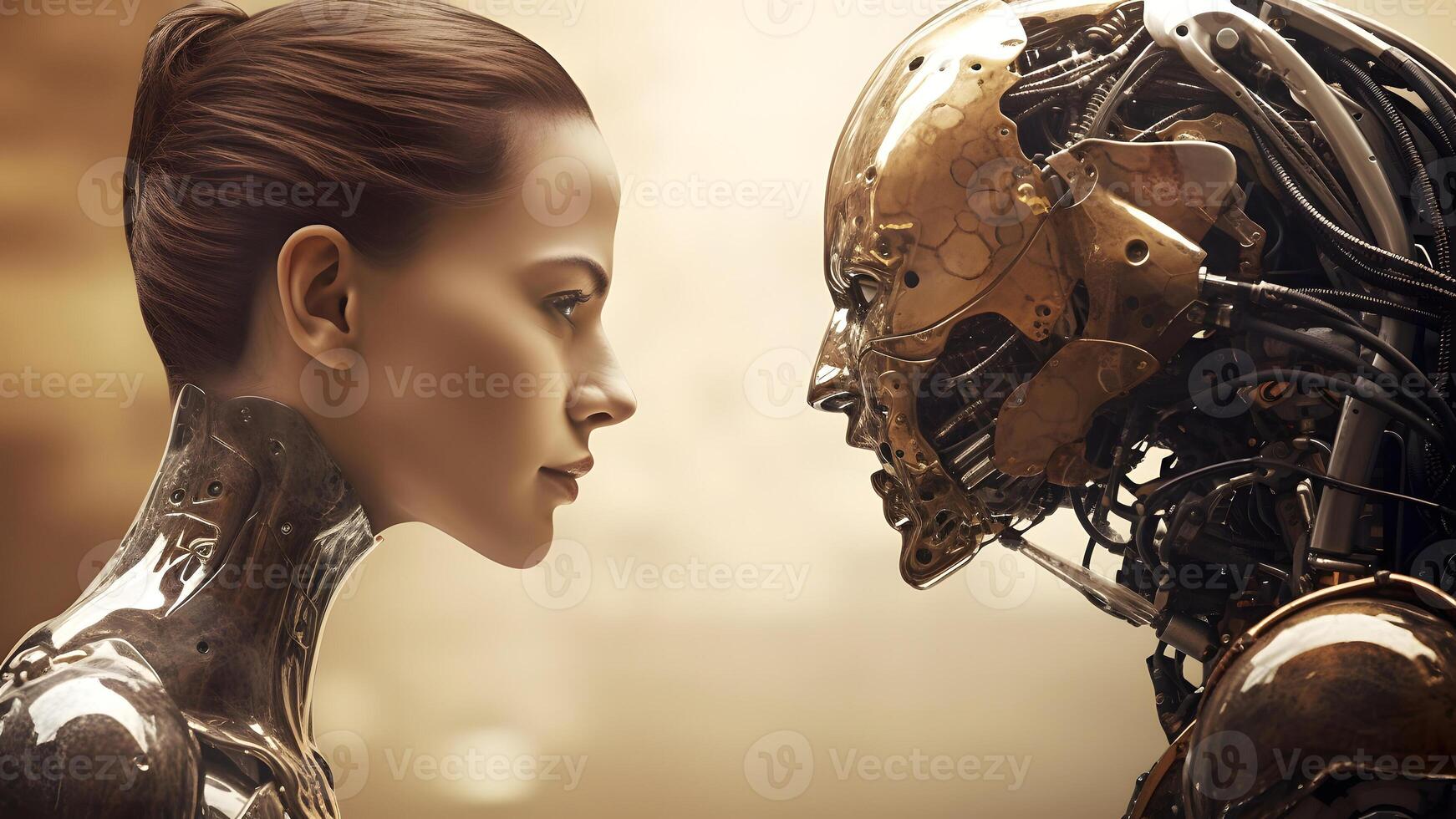 AI generated caucasian woman versus robot looking at each other, face to face, side view, neural network generated image photo