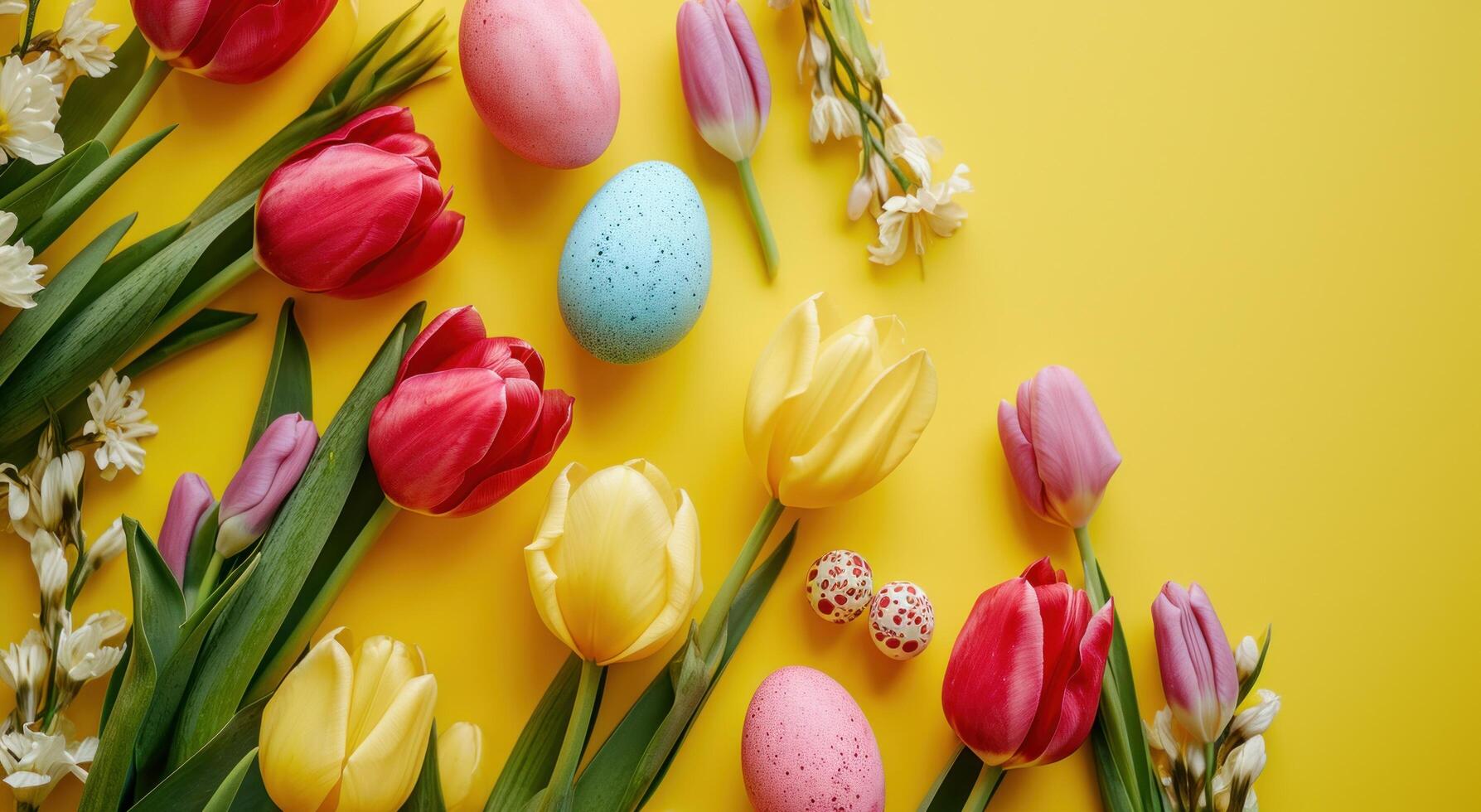 AI generated colorful easter eggs and colorful tulips in easter nest on yellow photo