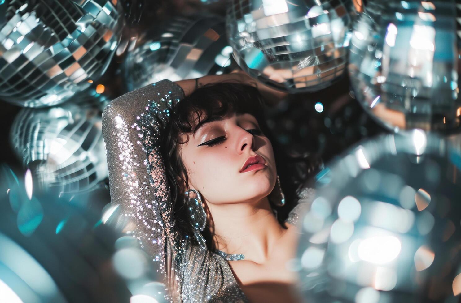 AI generated chica disco ball with a sparkly dress, decadent beauty photo