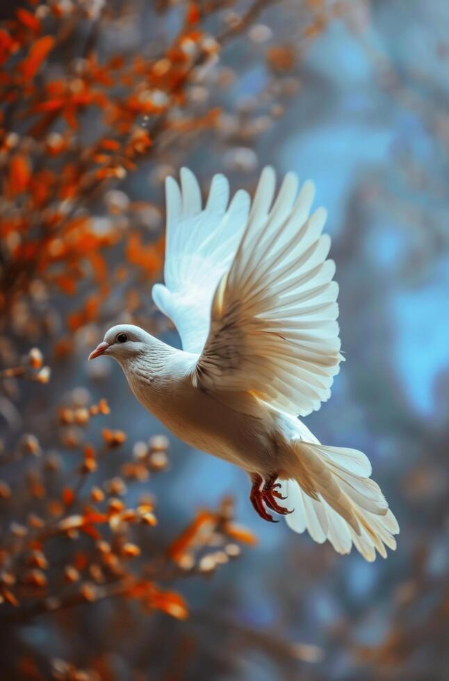 AI generated white dove flying free in a light evening photo