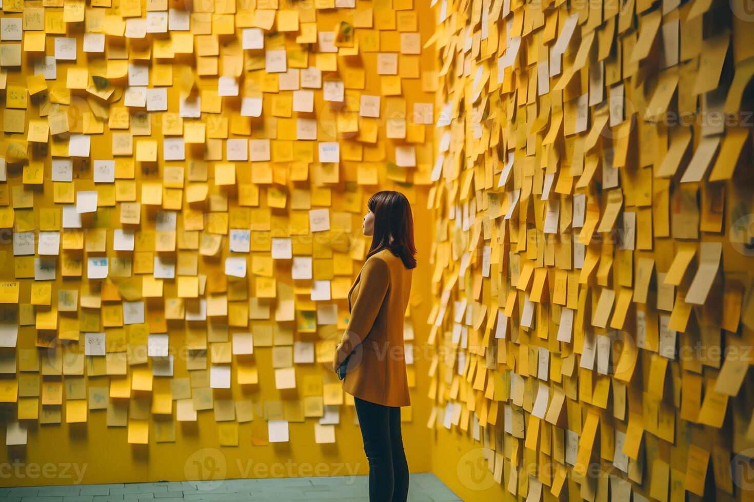 AI generated A woman standing in front of a wall full of sticky notes, neural network generated photorealistic image photo