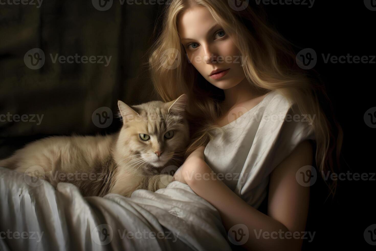 AI generated pretty young blonde caucasian woman and her cat resting, neural network generated photorealistic image photo