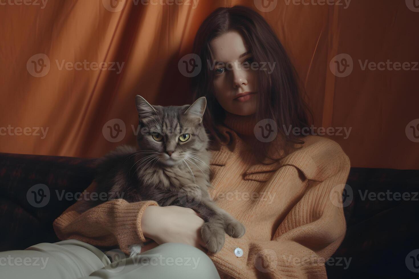 AI generated pretty young brunette caucasian woman and her cat resting, neural network generated photorealistic image photo