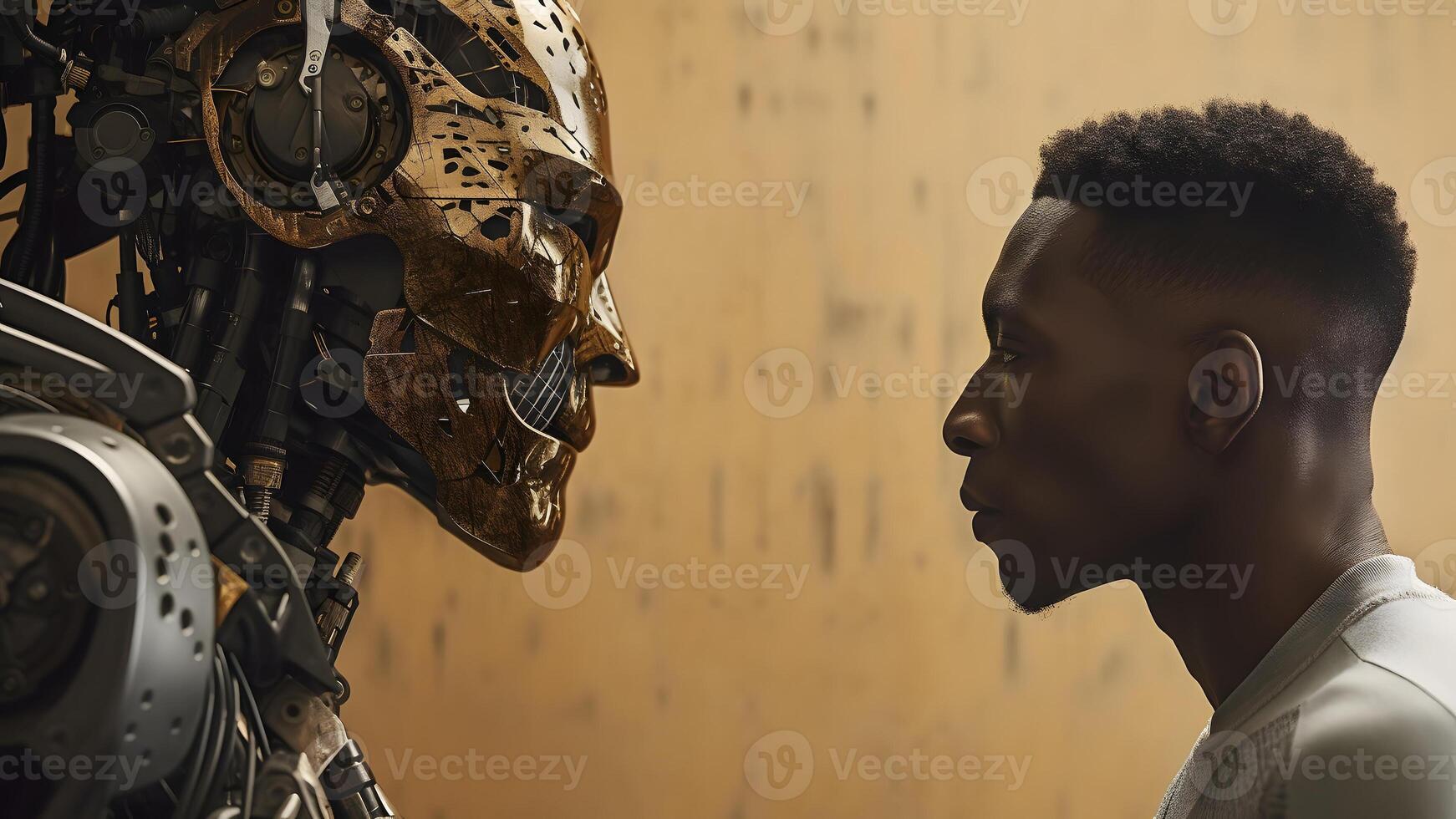 Ai Generated African American Man Versus Robot Looking At Each Other Face To Face Side View Ai Generated African American Man Versus Robot Looking At Each Other Face To Face Side View
