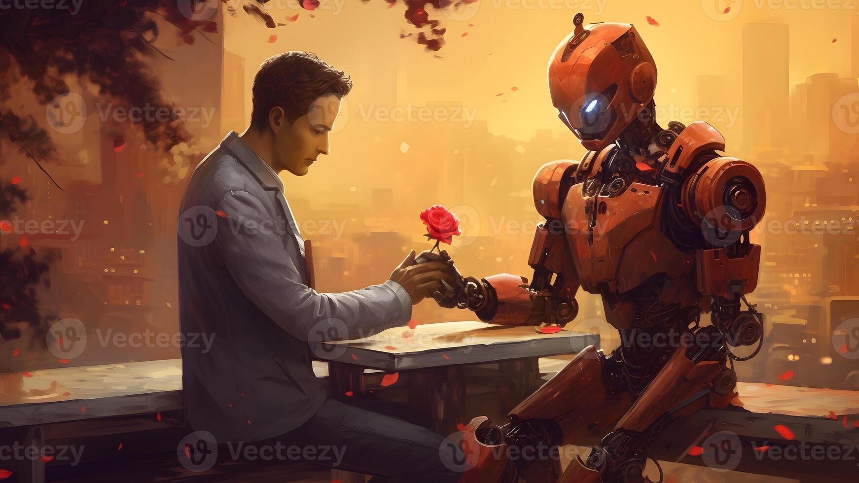 AI generated humanoid robot in love hugging with young adult caucasian man, neural network generated image photo