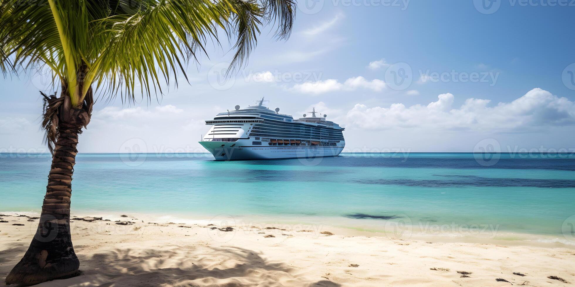 ai generado grande crucero transatlántico en el antecedentes con un palma árbol en blanco arena coral playa, neural red generado fotorrealista imagen foto