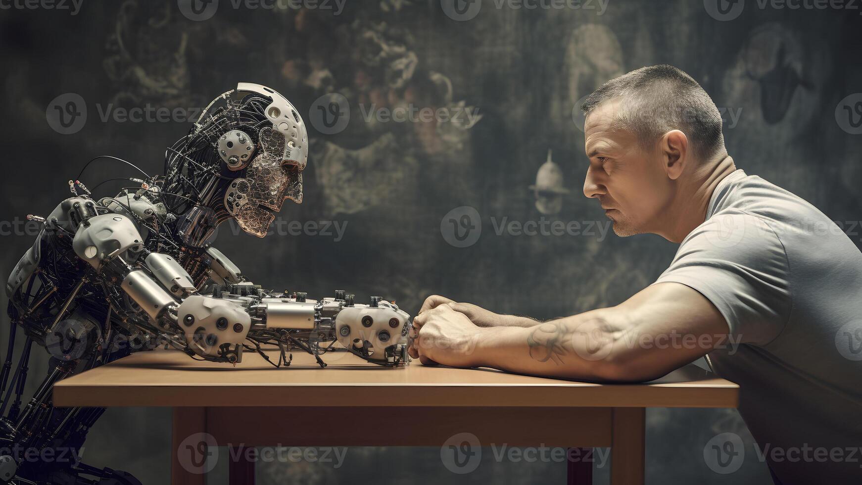 AI generated caucasian man versus robot are sitting at the table opposite looking at each other, side view, neural network generated image photo