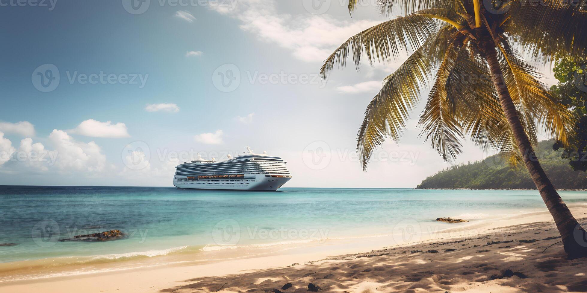 AI generated Large cruise liner in the background with a palm tree on white sand coral beach, neural network generated photorealistic image photo