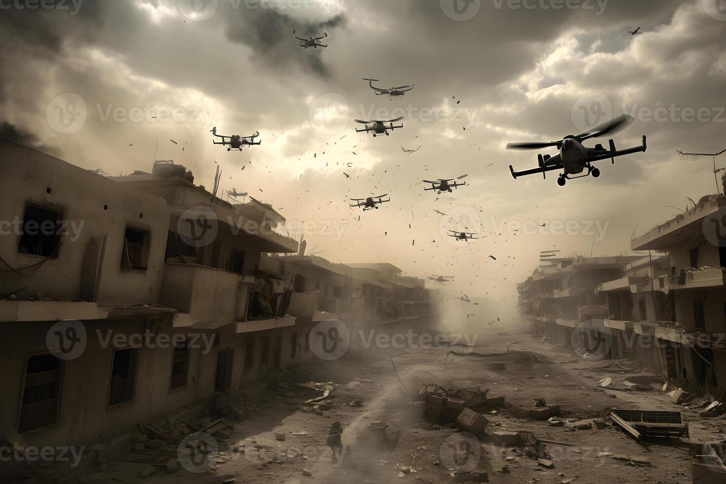 AI generated drone war - many military copter drones above middle-eastern city battlefield at daytime, neural network generated image photo