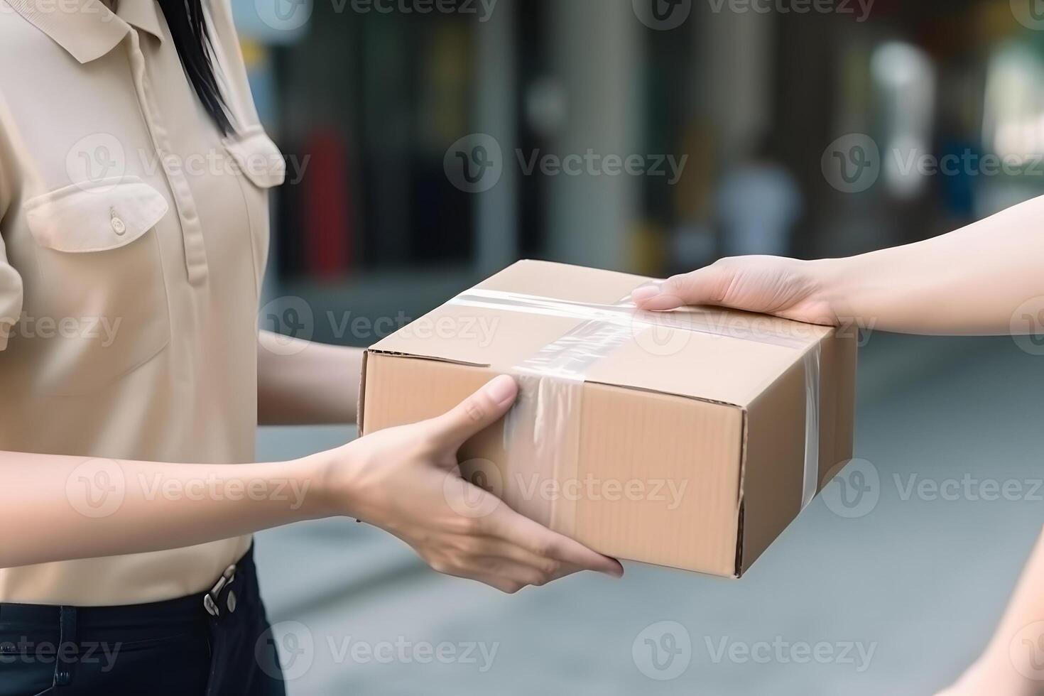 AI generated caucasian hands accepting a delivery of boxes, neural network generated photorealistic image photo