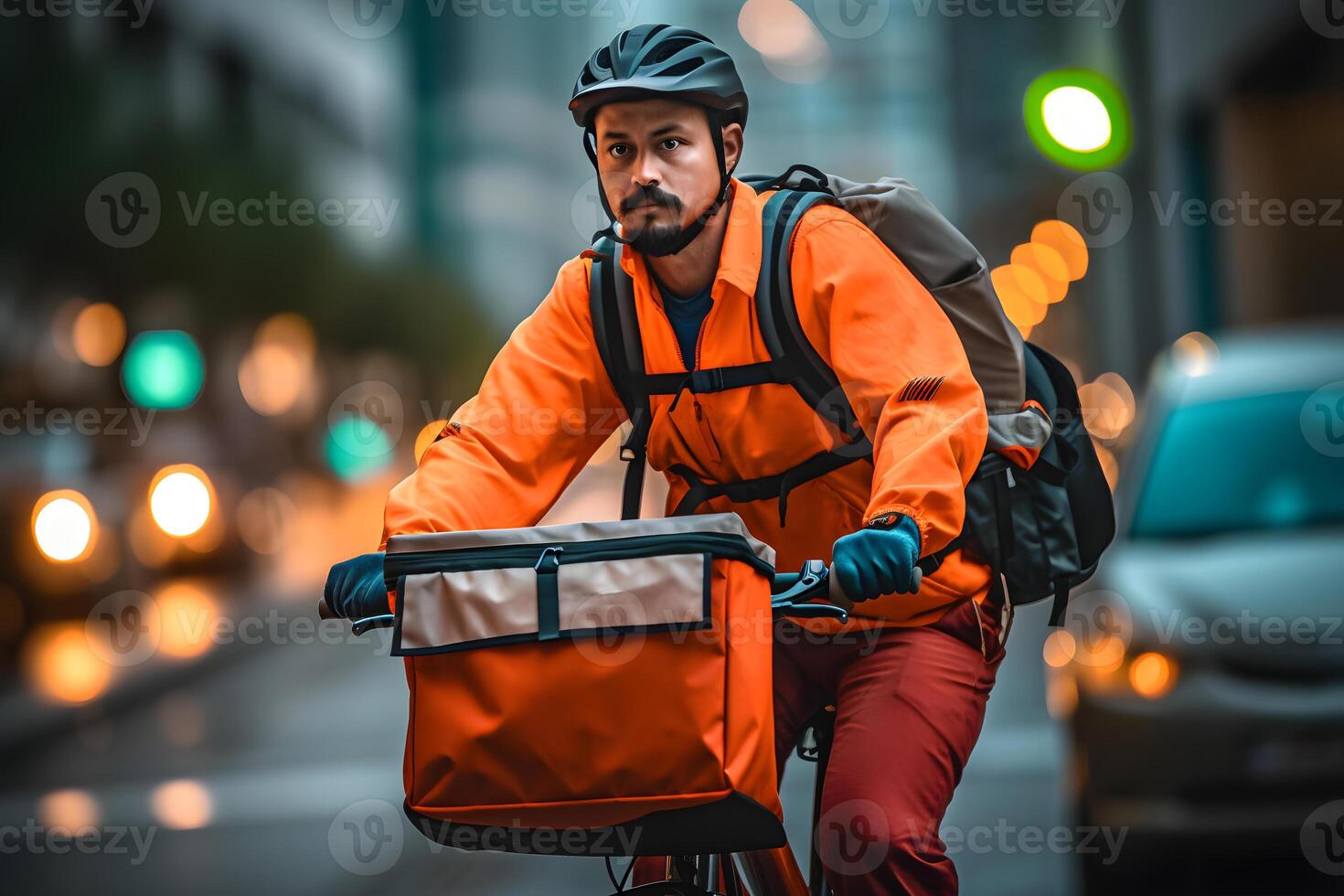 ai generado un comida entrega hombre montando un bicicleta, vistiendo un brillante naranja entrega uniforme. enfocado expresión en cara como navega mediante el ocupado ciudad calles, foto