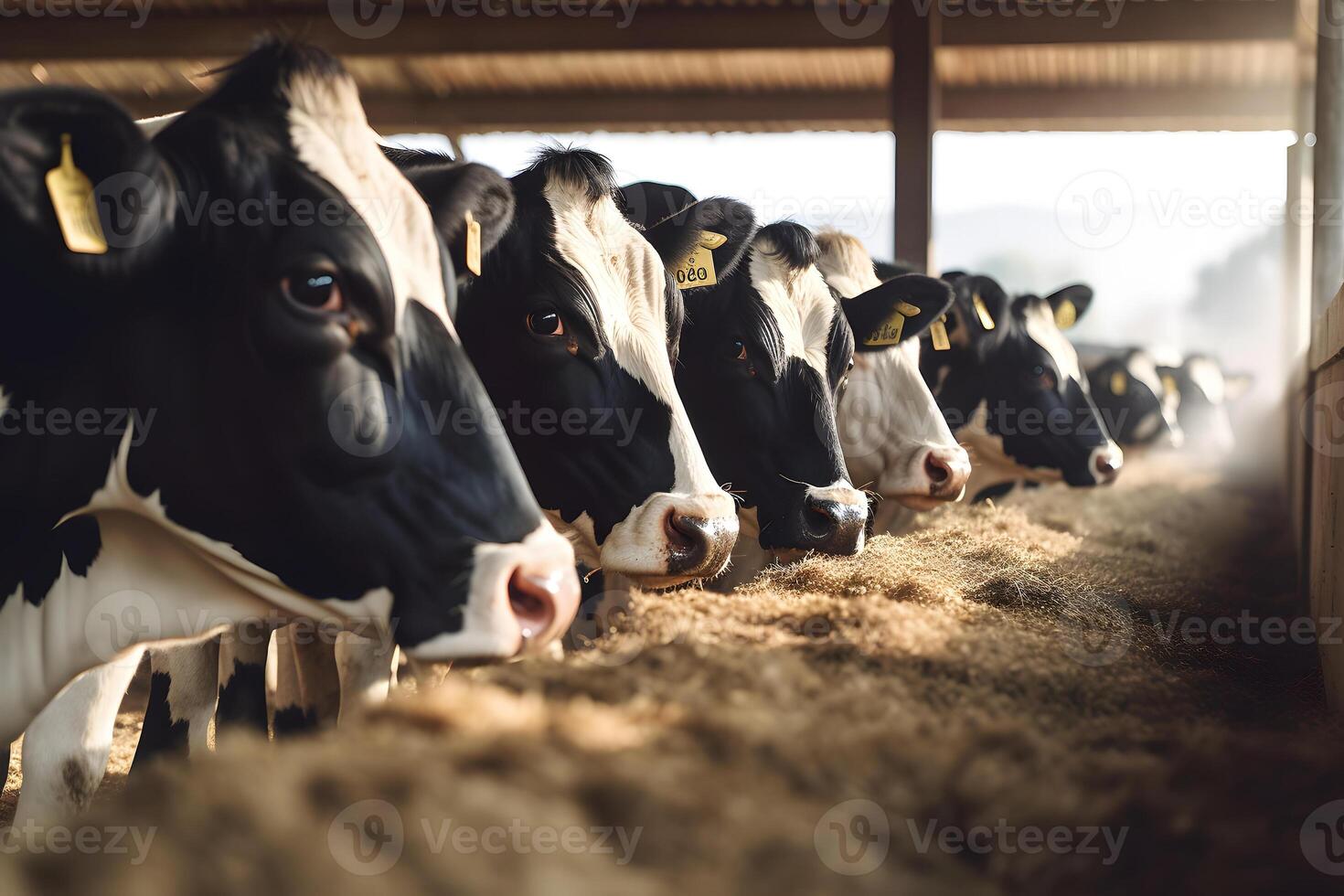 AI generated Row of black and white cows at cowshed on dairy farm, neural network generated image photo