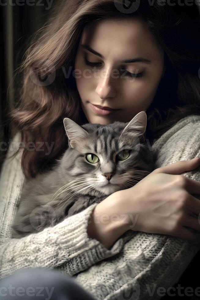 AI generated pretty young brunette caucasian woman and her cat resting, neural network generated photorealistic image photo