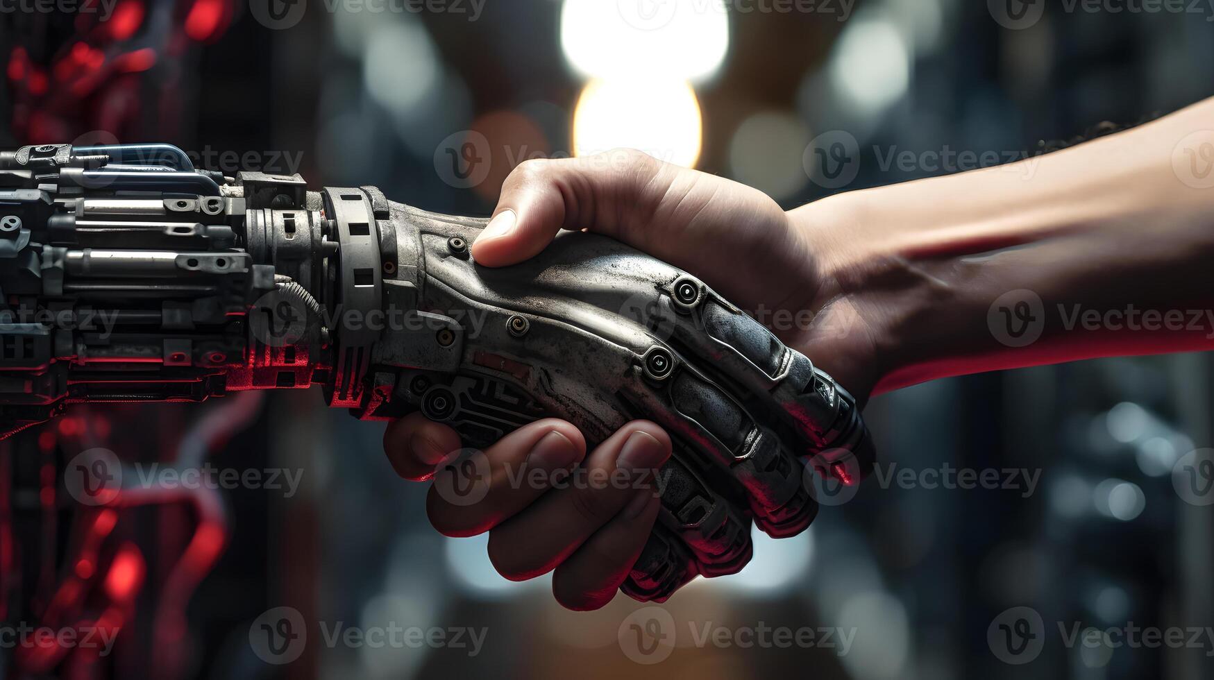 AI generated man and machine handshake, neural network generated image photo