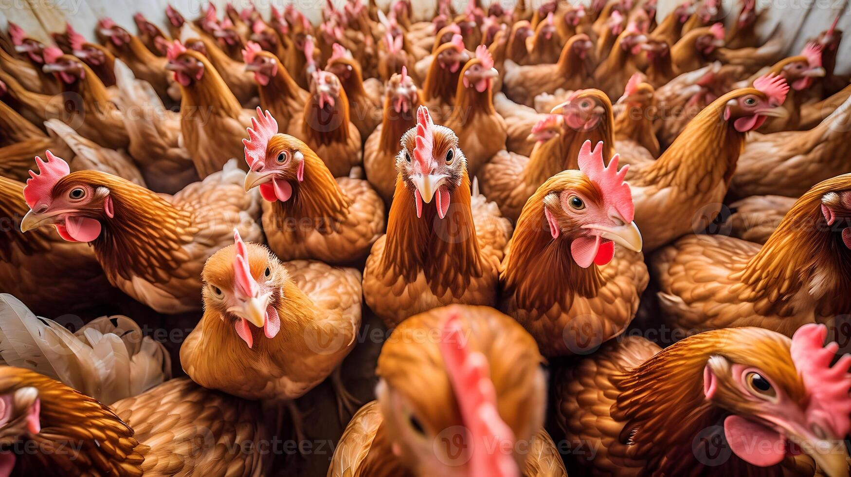 ai generado un lote de pollos esperando a ser alimentado arriba, ellos son mirando a el espectador, neural red generado fotorrealista imagen foto
