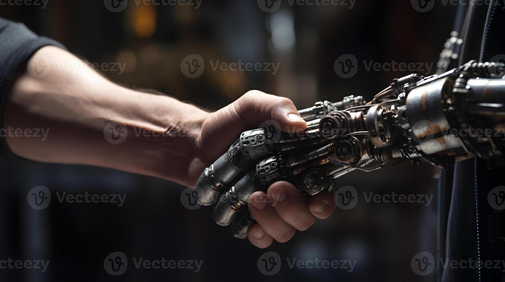AI generated man and machine handshake, neural network generated image photo