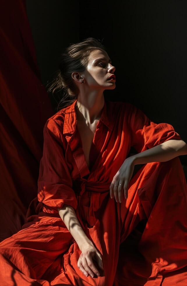 AI generated woman in red jumpsuit photo