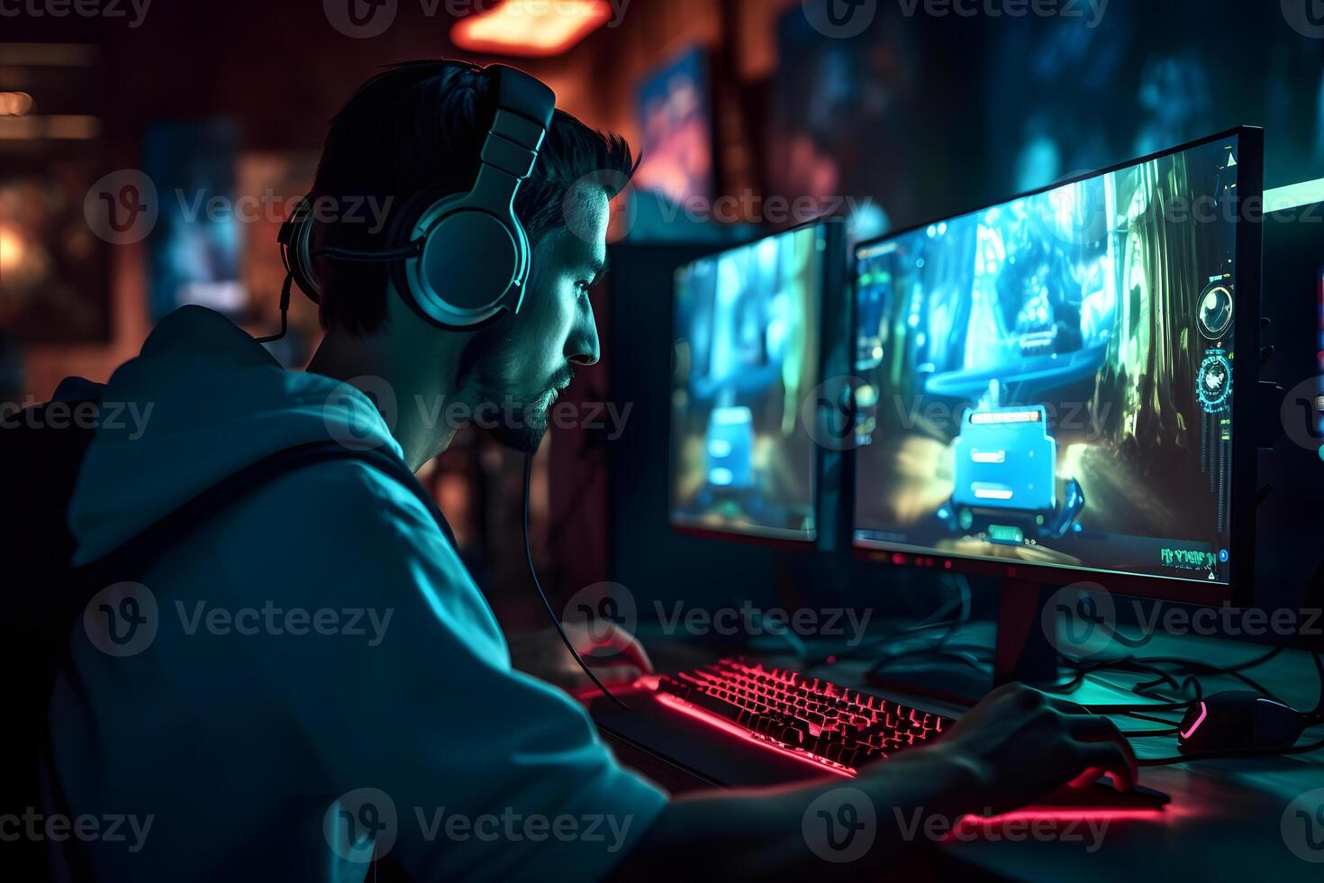 AI generated young caucasian gamer with headset playing video games with computer and multiple screens lit with saturated neon lights, neural network generated photorealistic image photo