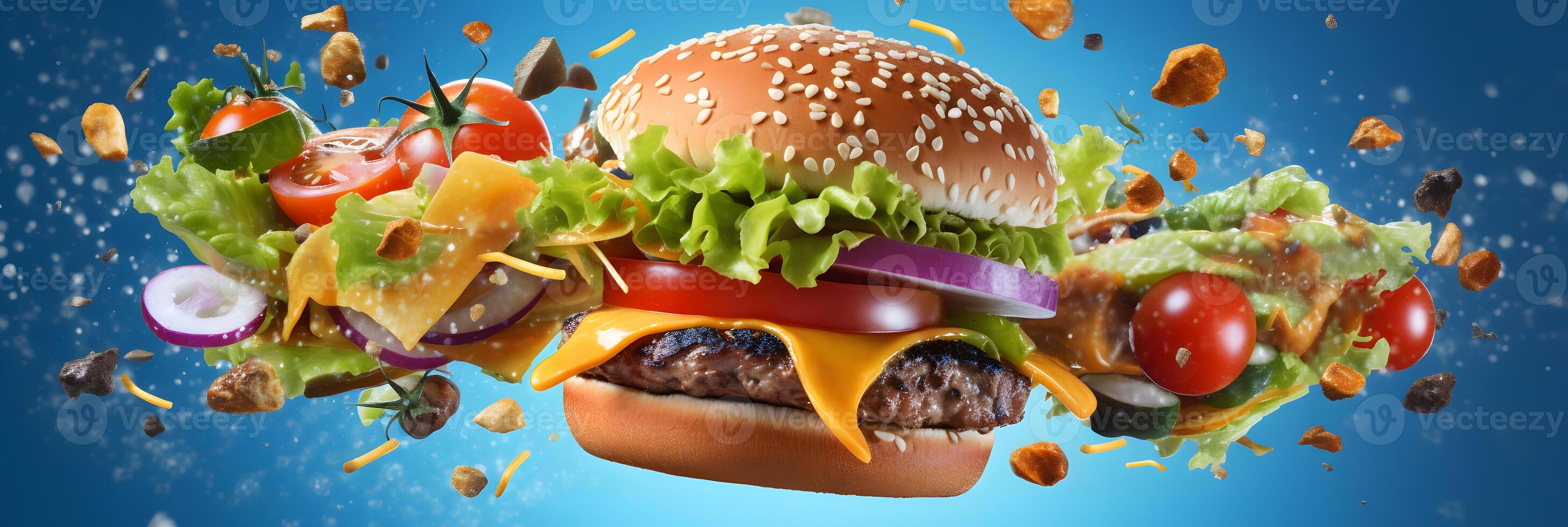 AI generated hamburger flying on blue background, neural network generated photorealistic image photo