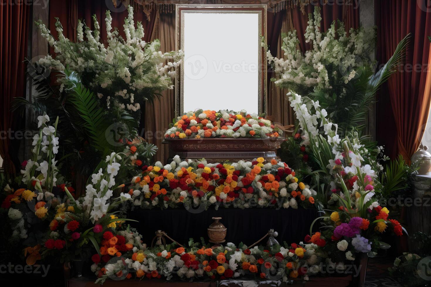 AI generated dictator funeral mockup, coffin with blank portrait board surrounded with large quantity of flowers, neural network generated art photo