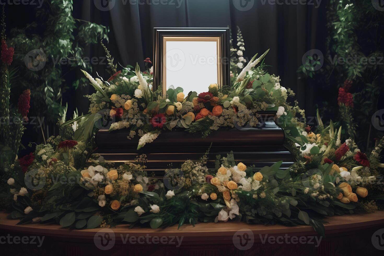 AI generated dictator funeral mockup, coffin with blank portrait board surrounded with large quantity of flowers, neural network generated art photo