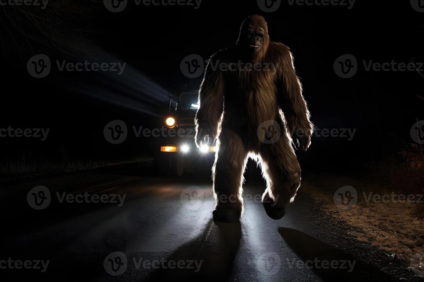 AI generated bigfoot running along interstate forest road at night in light of car headlights, neural network generated photorealistic image photo