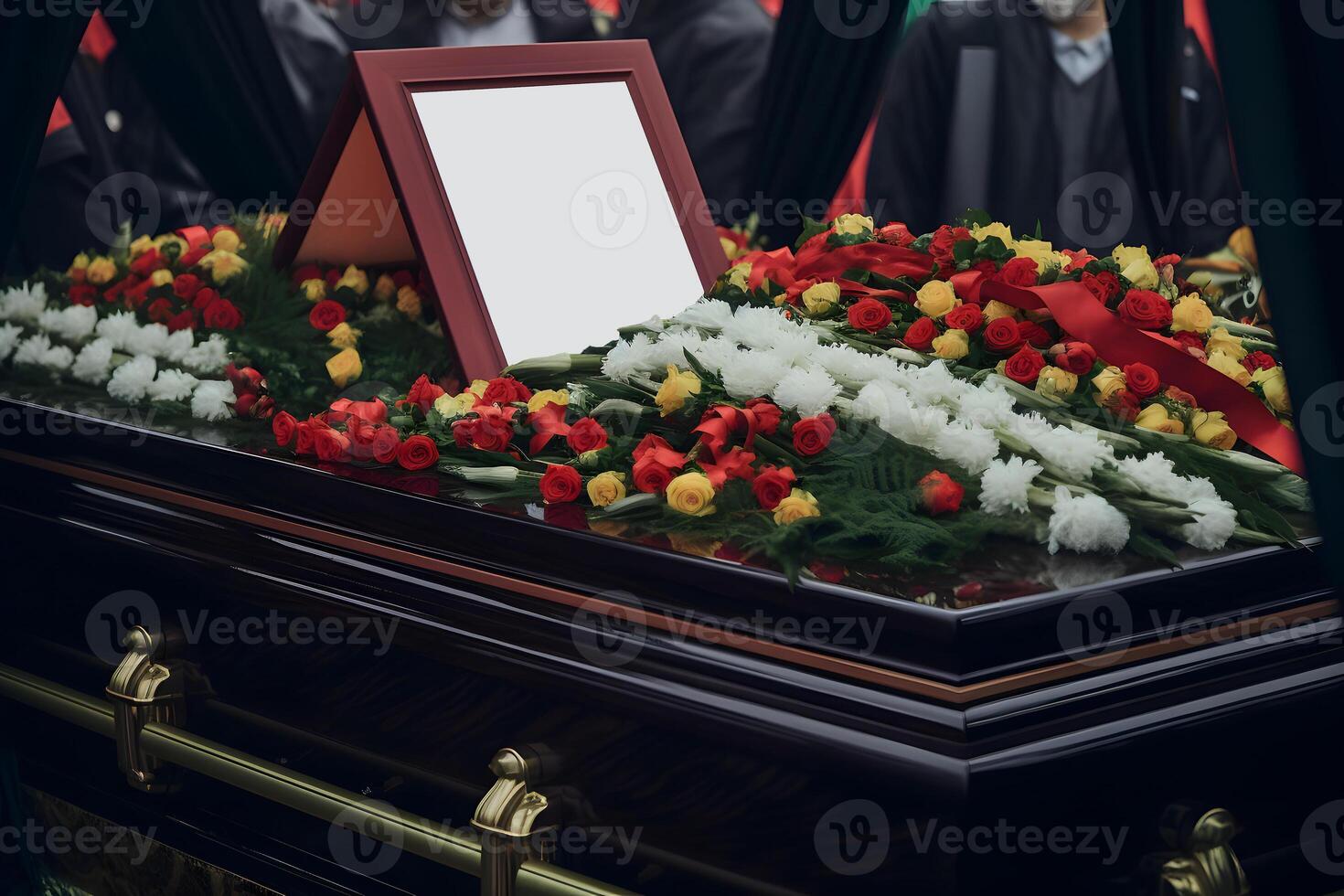 AI generated dictator funeral mockup, coffin with blank portrait board surrounded with flowers and blurry crowd of people, neural network generated art photo