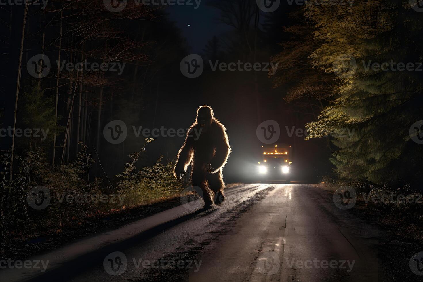 AI generated bigfoot running along interstate forest road at night in light of car headlights, neural network generated photorealistic image photo