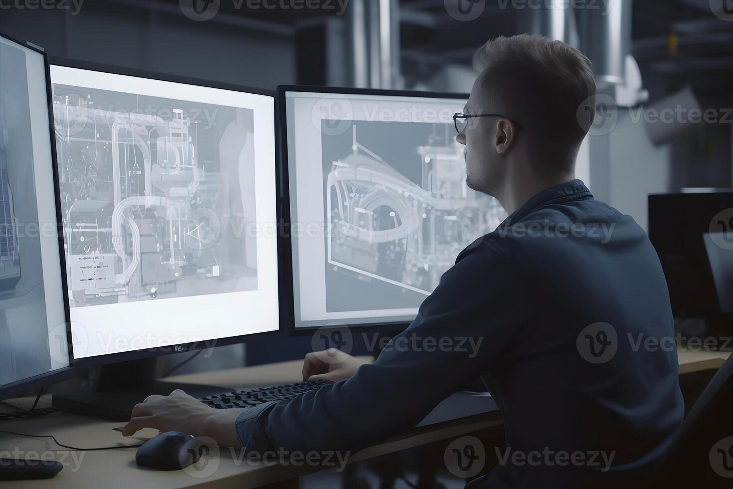 AI generated Over the Shoulder view of an Engineer Working with CAD Software using three large computer screens, neural network generated photoreaslistic image photo