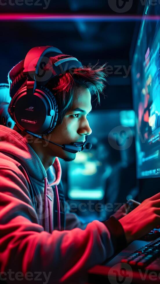 AI generated young male gamer with headset playing video games with computer and multiple screens lit with saturated neon lights, neural network generated photorealistic image photo