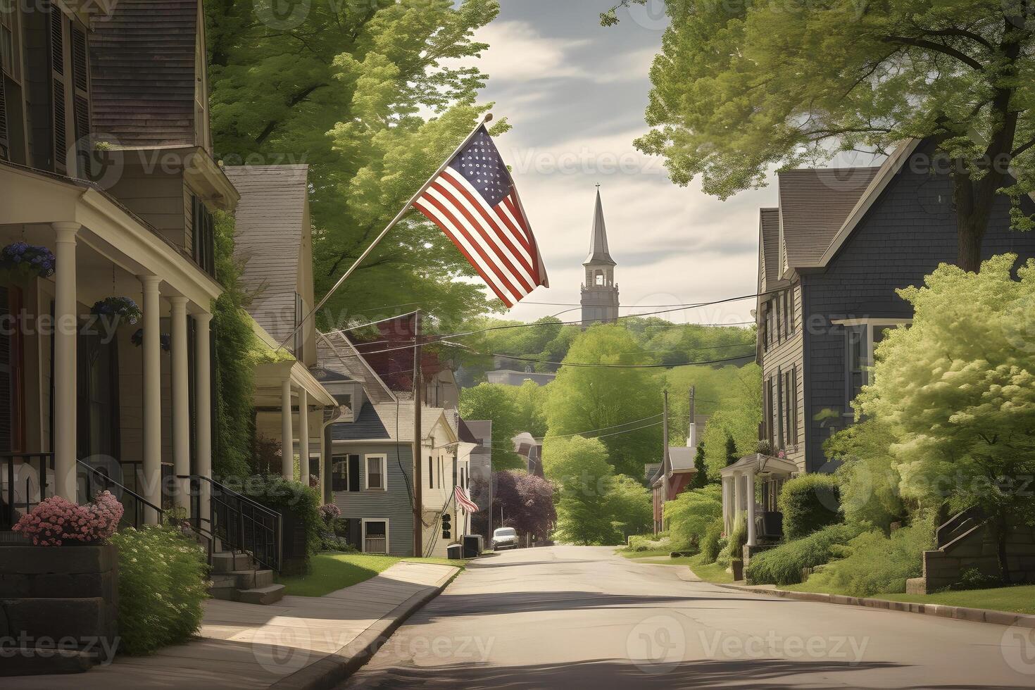 AI generated Neighborhood. USA flag waving on a quiet main street with american dream houses, neural network generated photorealistic image photo