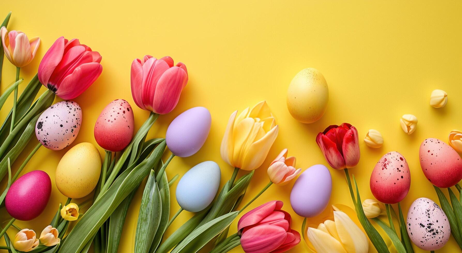 AI generated colorful easter eggs and colorful tulips in easter nest on yellow photo