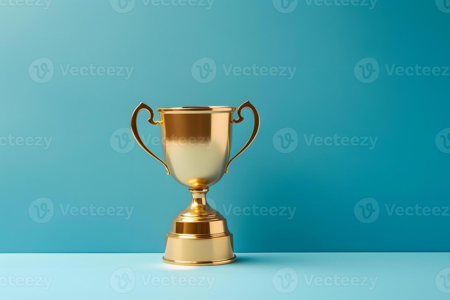 AI generated gold trophy cup on blue background, neural network generated image photo