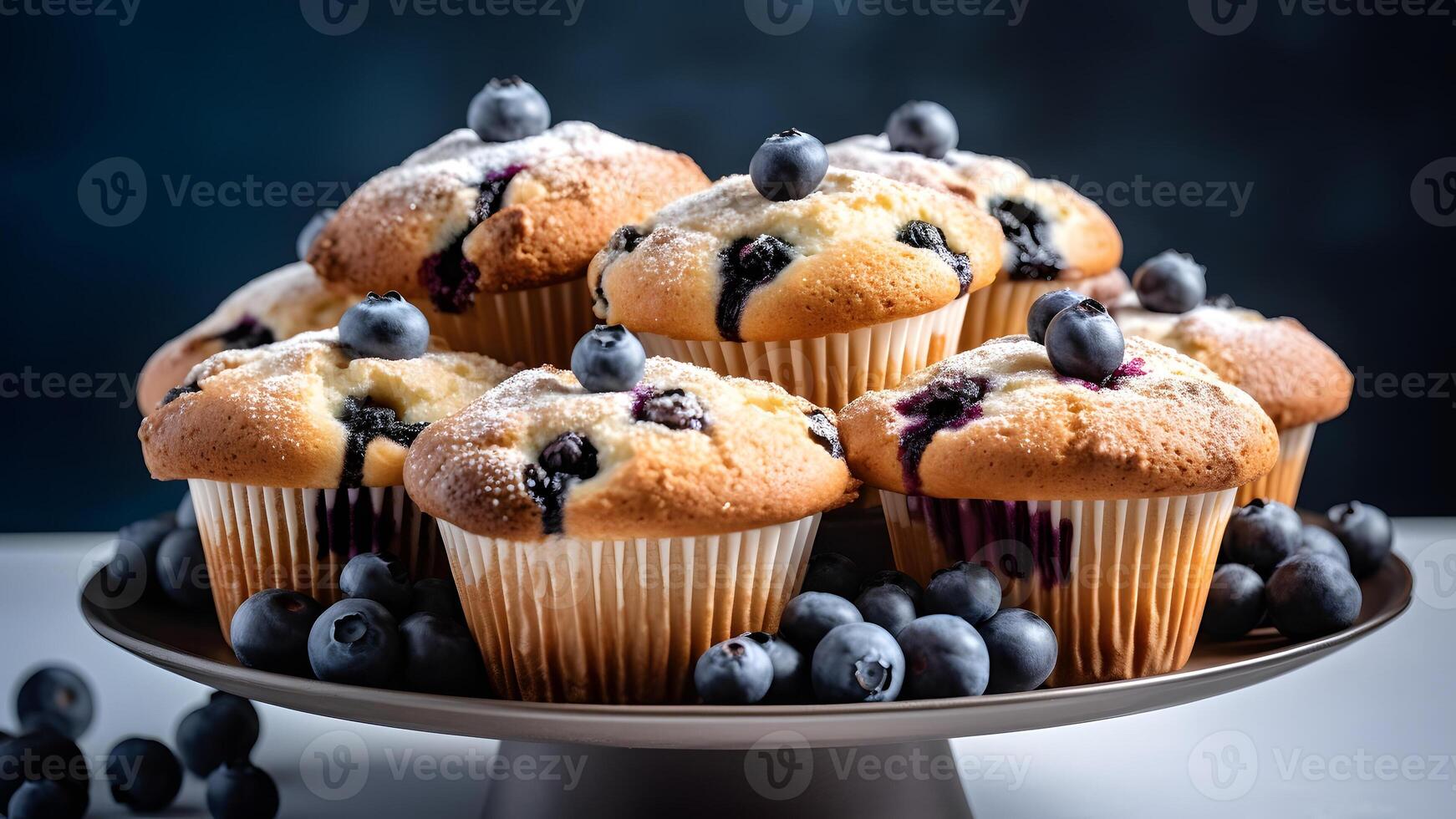 AI generated stainless steel plate with gorgeous delicious keto blueberry muffins, neural network generated photorealistic image photo