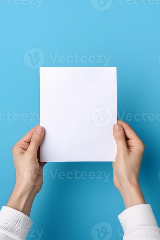 AI generated hands holding blank sheet of paper on blue background, neural network generated photorealistic image photo