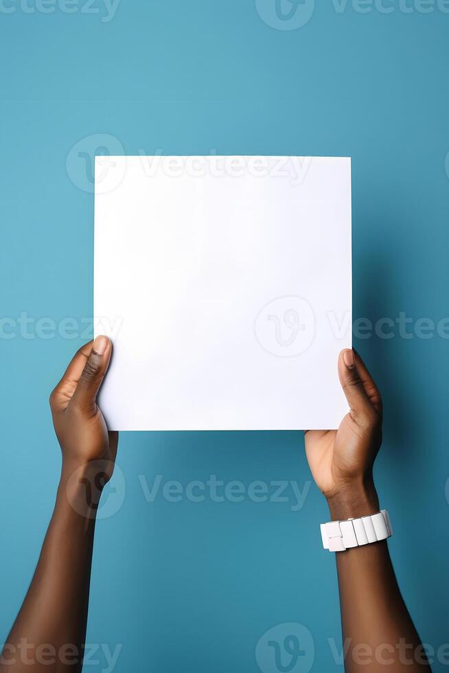 AI generated african american hands holding blank sheet of paper on blue background, neural network generated photorealistic image photo