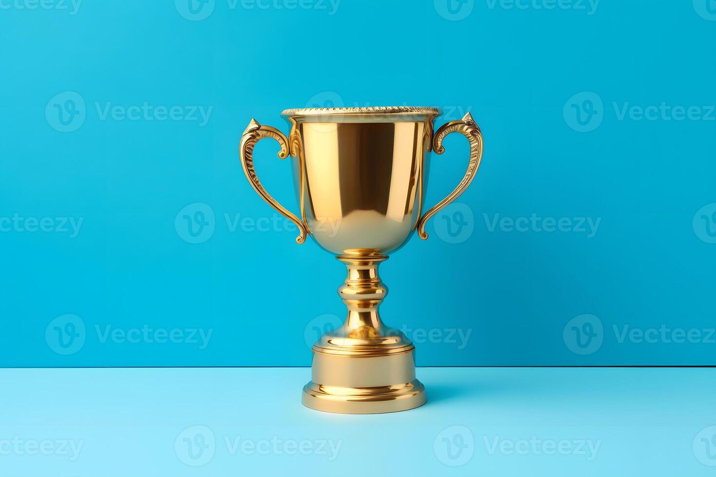 AI generated gold trophy cup on blue background, neural network generated image photo