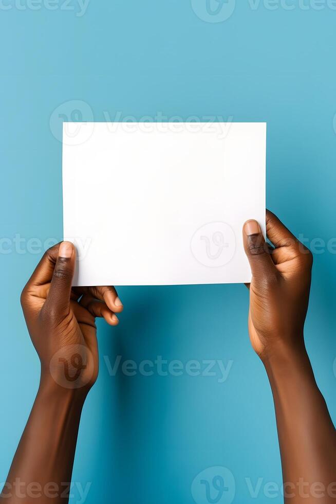 AI generated african american hands holding blank sheet of paper on blue background, neural network generated photorealistic image photo