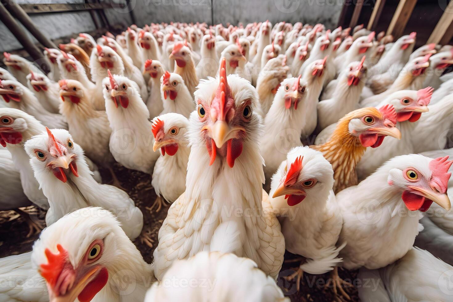AI generated a lot of chickens waiting to be fed up, they are looking at the viewer, neural network generated photorealistic image photo