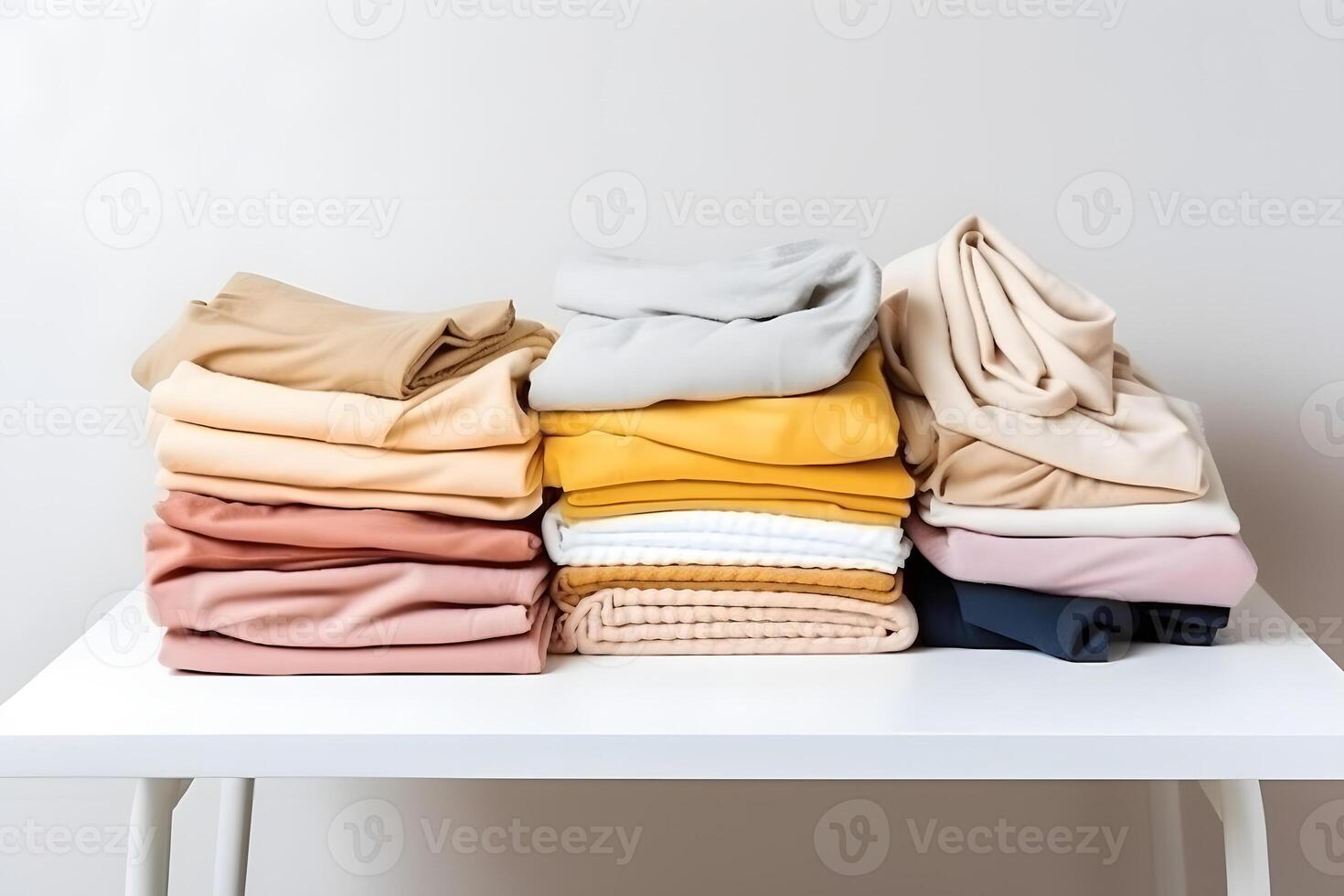 AI generated three colorful stacks of folded clothes on white laundry table, neural network generated photorealistic image photo