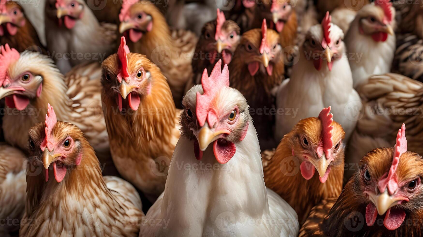 ai generado un lote de pollos esperando a ser alimentado arriba, ellos son mirando a el espectador, neural red generado fotorrealista imagen foto