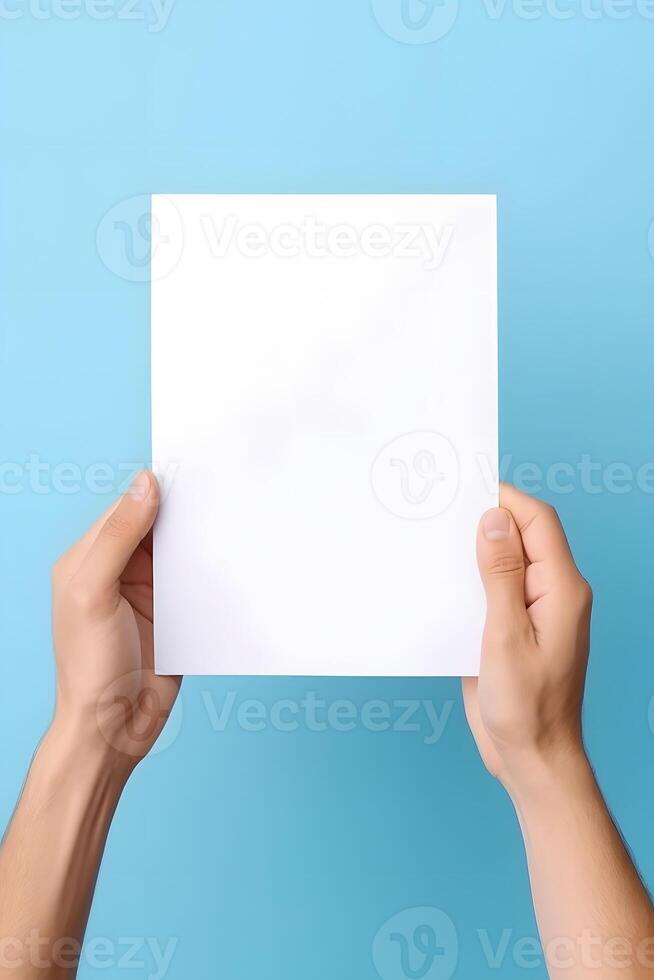 AI generated hands holding blank sheet of paper on blue background, neural network generated photorealistic image photo