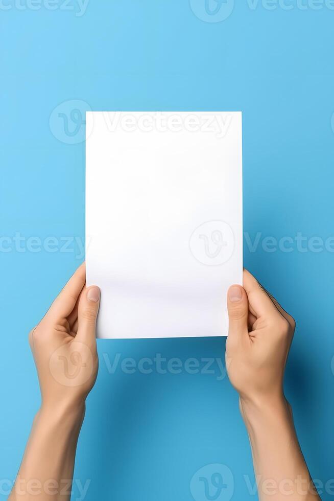 AI generated hands holding blank sheet of paper on blue background, neural network generated photorealistic image photo