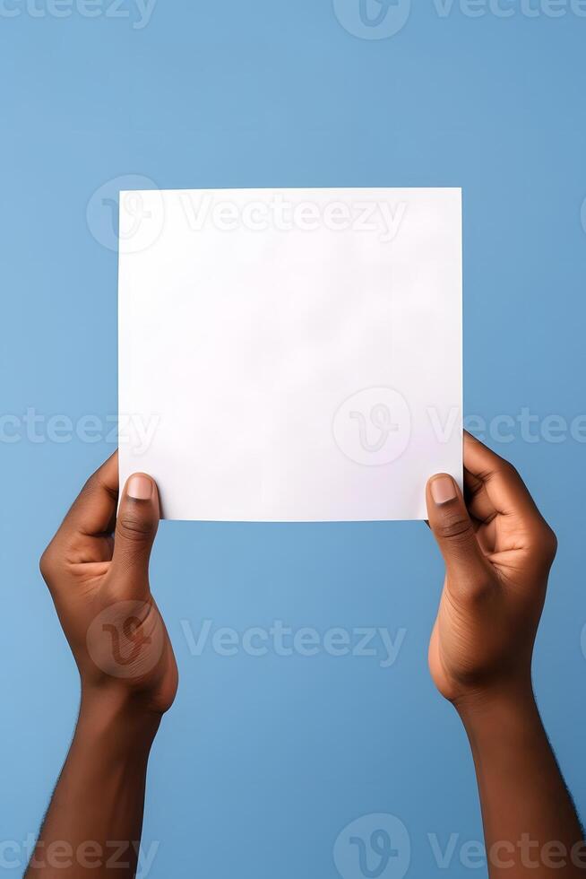 AI generated african american hands holding blank sheet of paper on blue background, neural network generated photorealistic image photo