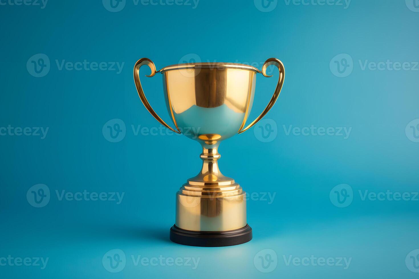 AI generated gold trophy cup on blue background, neural network generated image photo