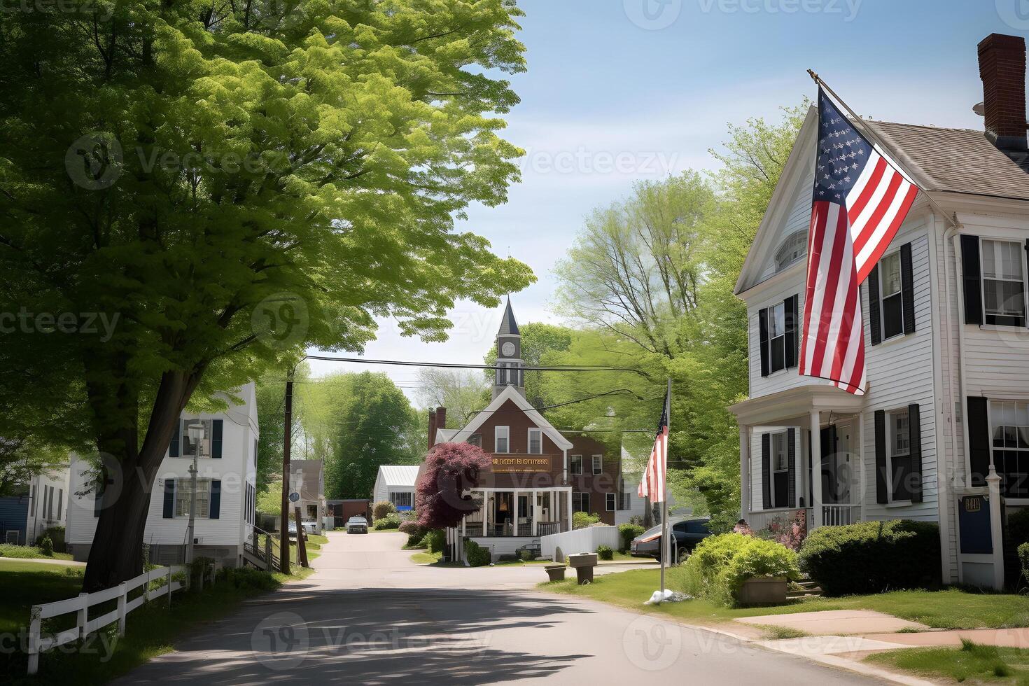 AI generated Neighborhood. USA flag waving on a quiet main street with american dream houses, neural network generated photorealistic image photo