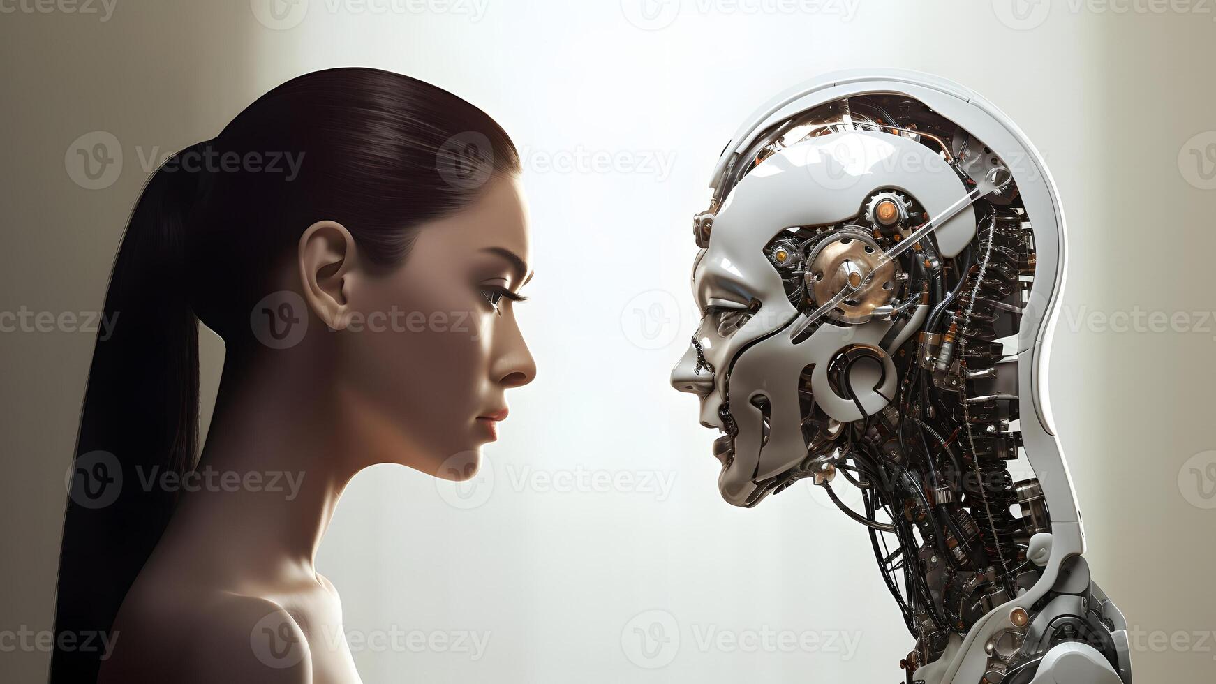 AI generated asian woman versus robot looking at each other, face to face, side view, neural network generated image photo